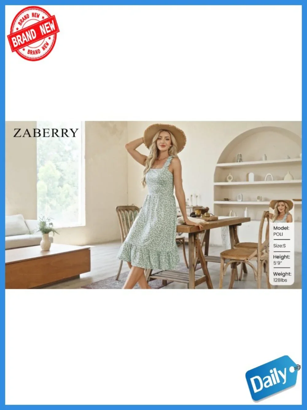 Womens Summer Midi Dress Square Neck Elastic Straps Floral Flowy A-Line Sundress